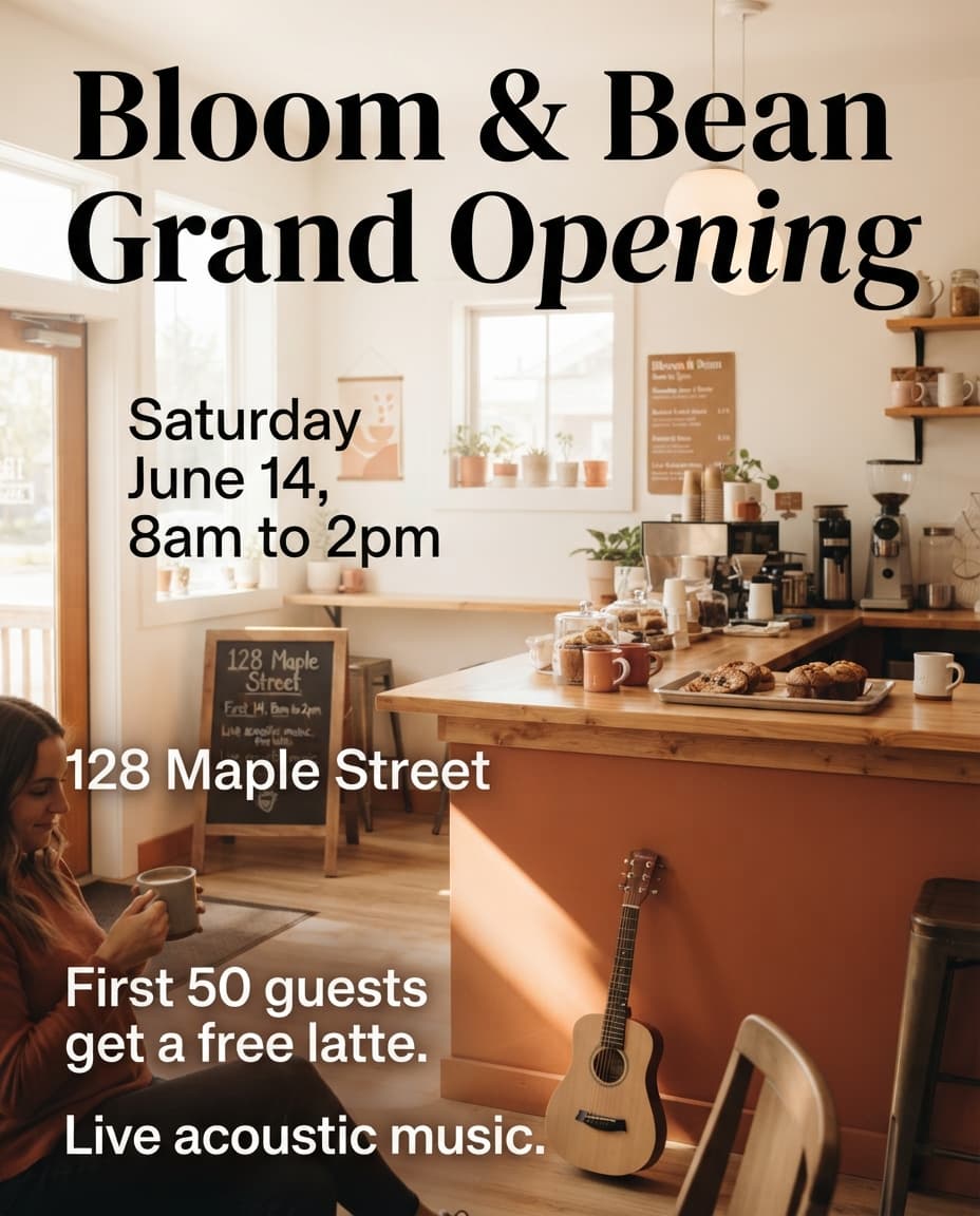 Coffee shop grand opening flyer example created with flyerease
