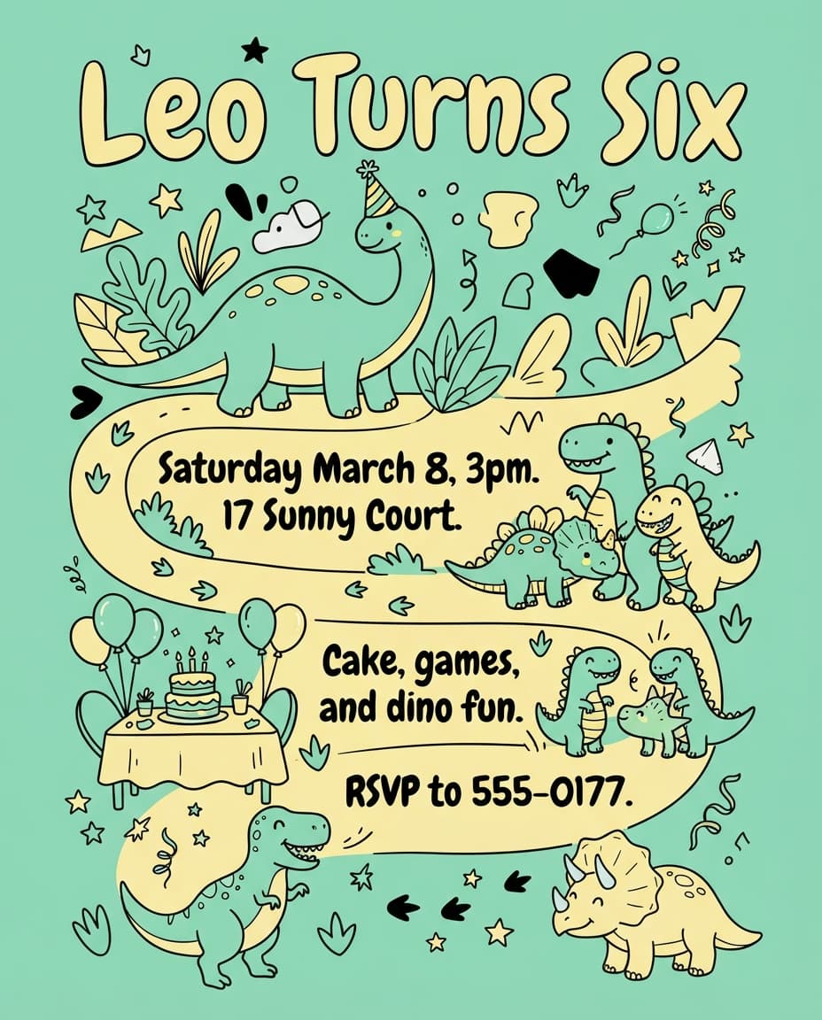 Kids dinosaur birthday party flyer example created with flyerease