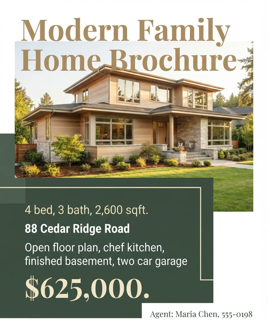 Modern family home real estate brochure example created with flyerease