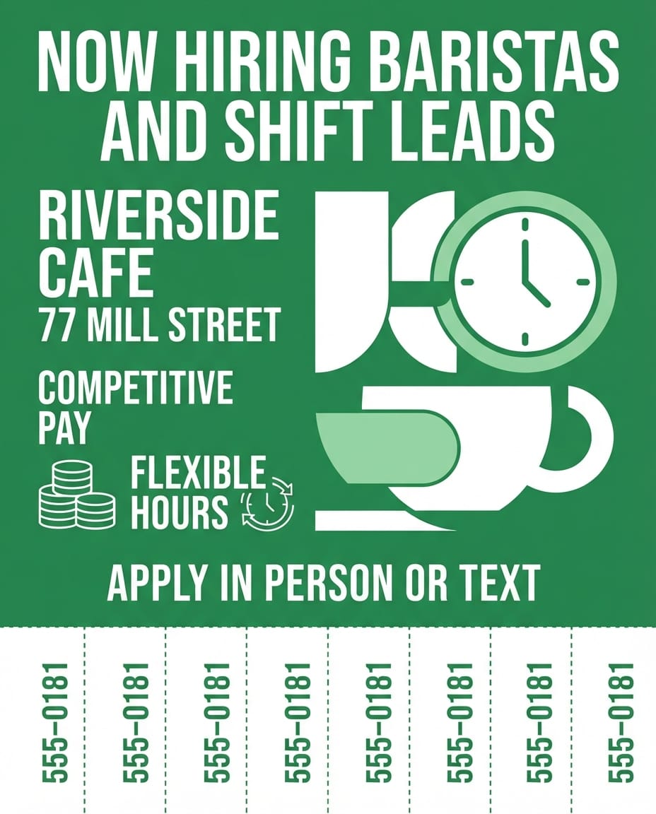 Now hiring business flyer example with tear-off tabs created with flyerease
