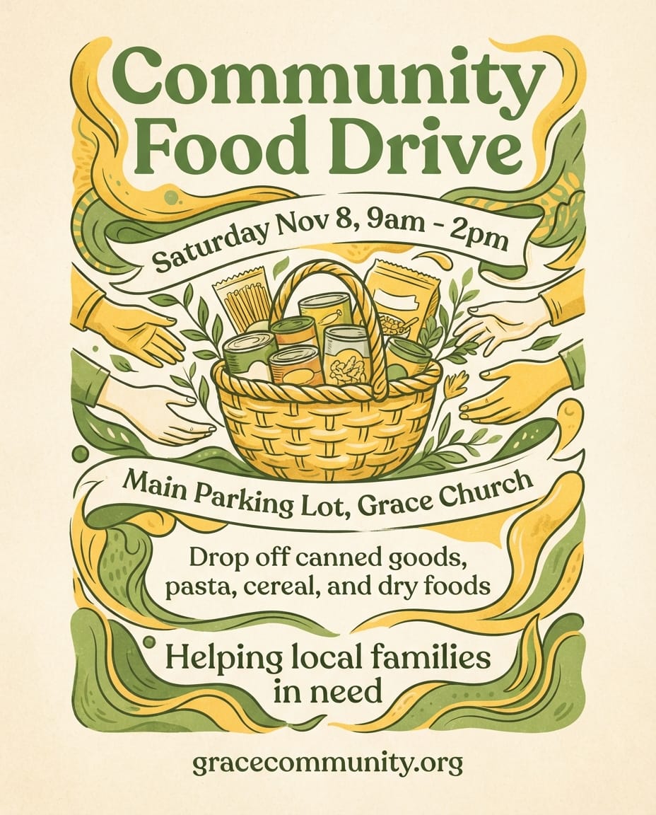 Church charity community food drive flyer example created with flyerease
