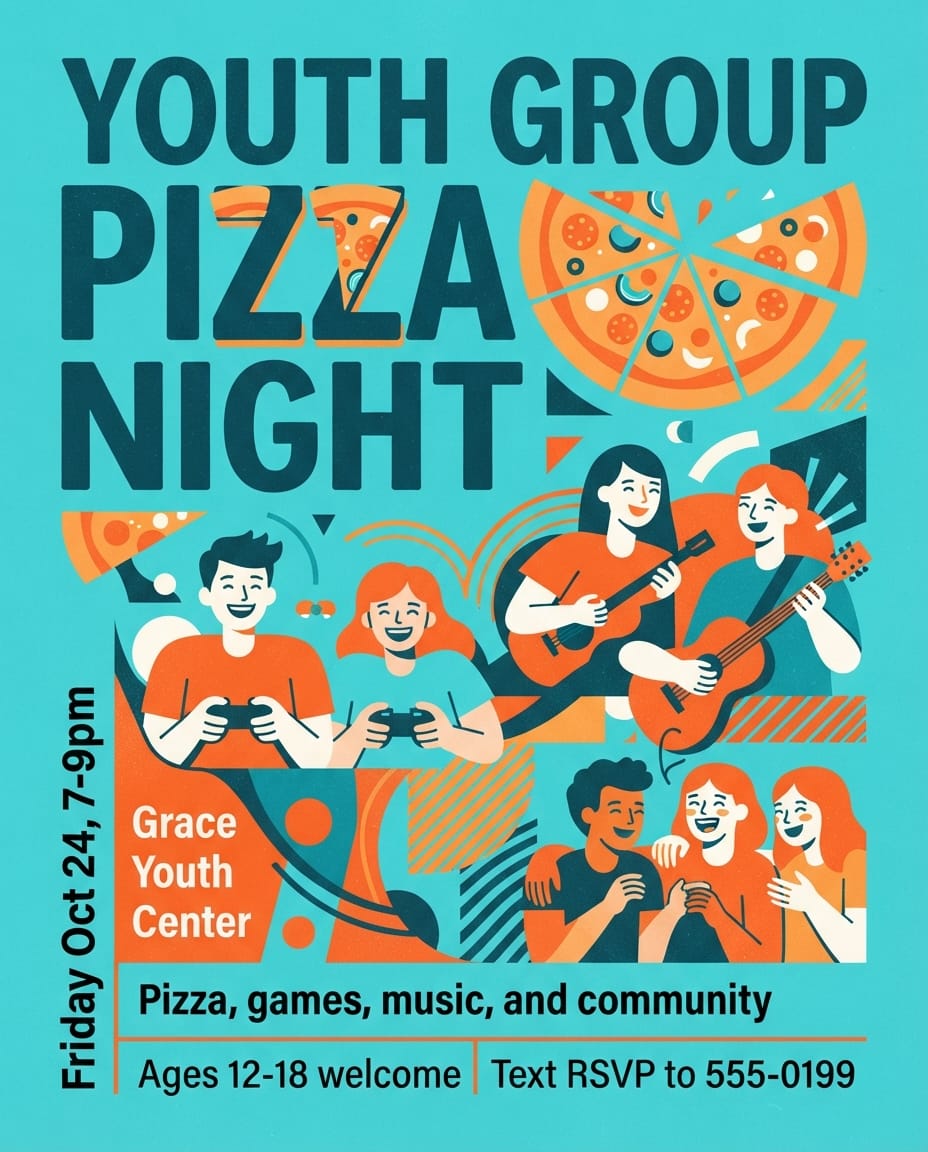 Church youth night pizza party flyer example created with flyerease
