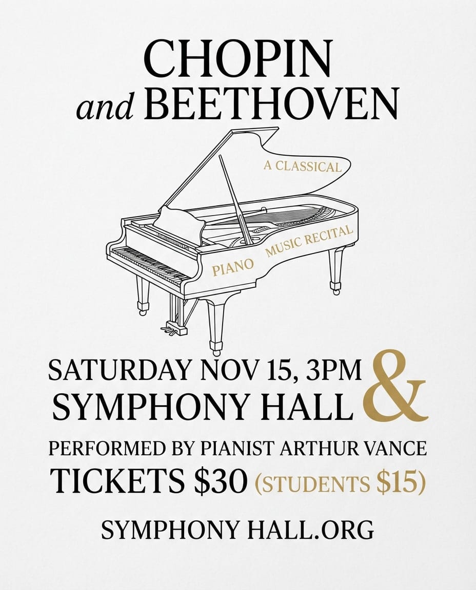 Classical piano recital poster example created with flyerease
