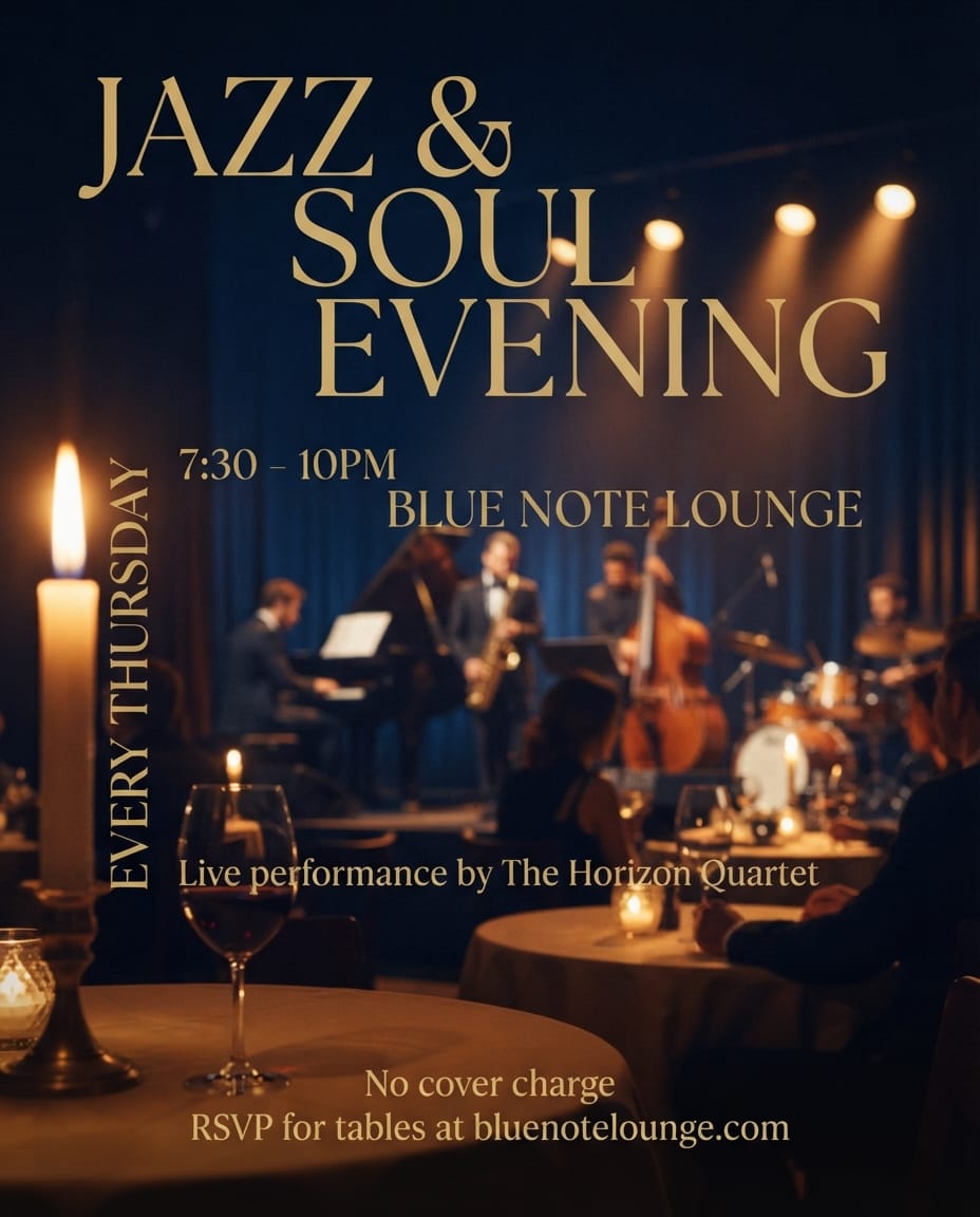 Jazz night live music flyer example created with flyerease