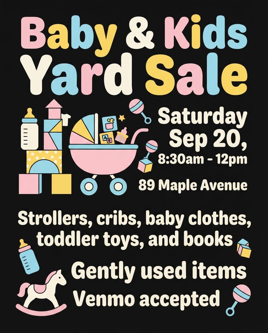 Kids toys and clothes garage sale flyer example created with flyerease