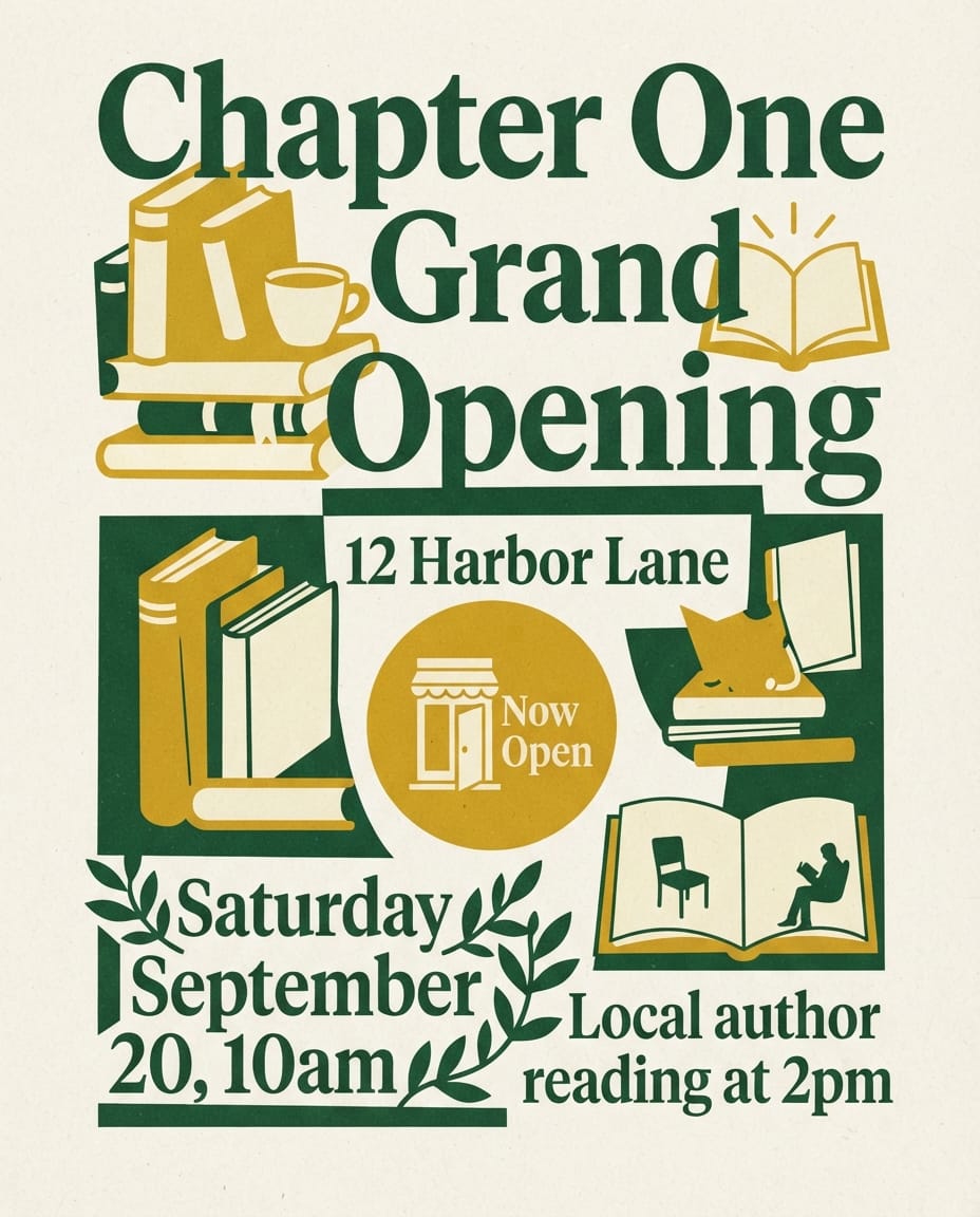 Bookstore grand opening flyer example created with flyerease