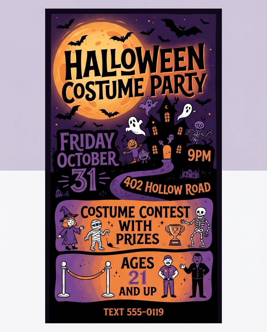 Halloween costume party flyer example created with flyerease