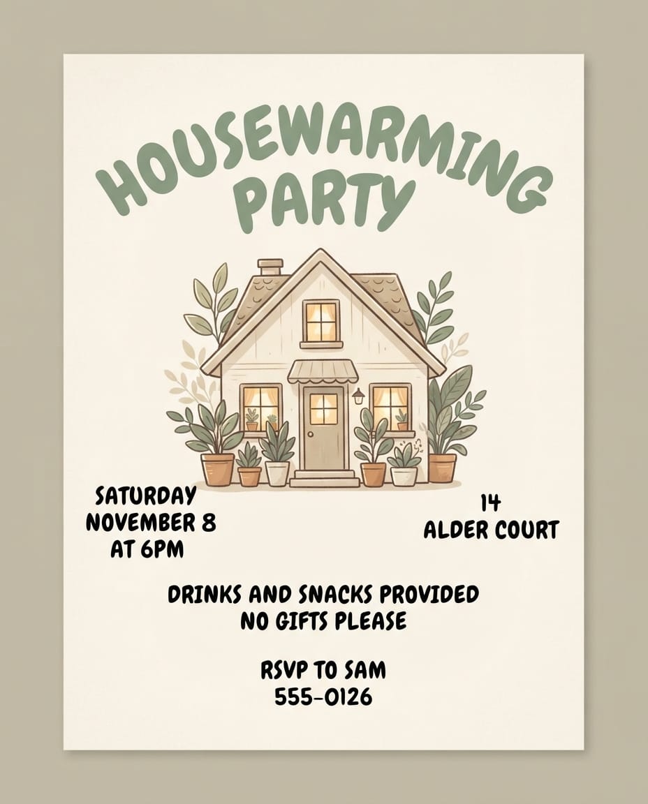 Housewarming party flyer example created with flyerease