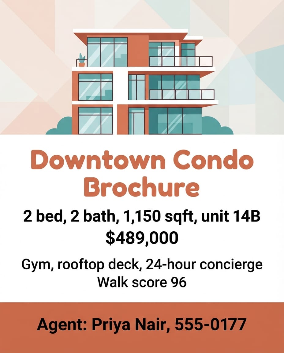 Downtown condo real estate brochure example created with flyerease