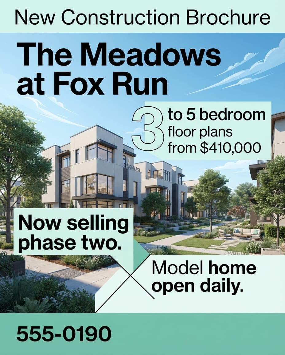 New construction real estate brochure example created with flyerease