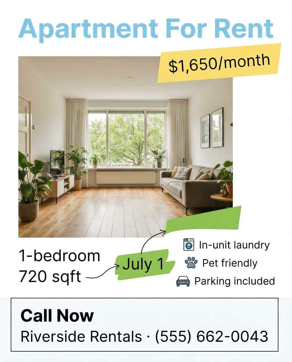 Apartment for rent flyer example created with FlyerEase