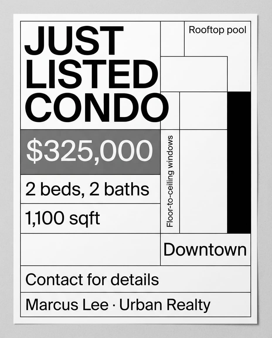 Modern just listed condo flyer example created with FlyerEase