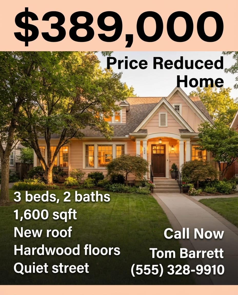 Price reduced home for sale flyer example created with FlyerEase