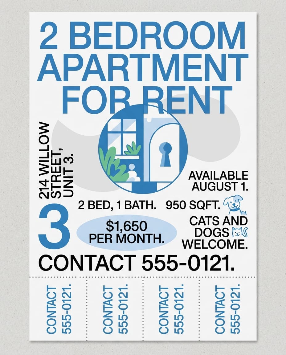2 bedroom apartment for rent flyer example created with flyerease