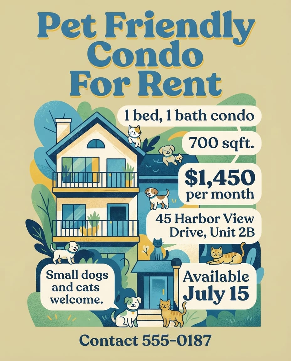 Pet friendly condo for rent flyer example created with flyerease