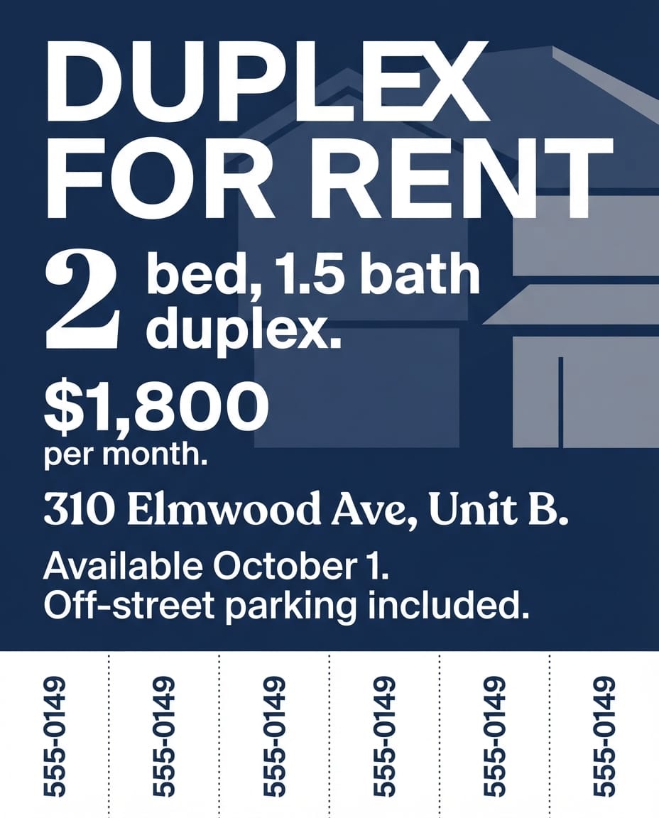 Duplex for rent flyer example with tear-off tabs created with flyerease