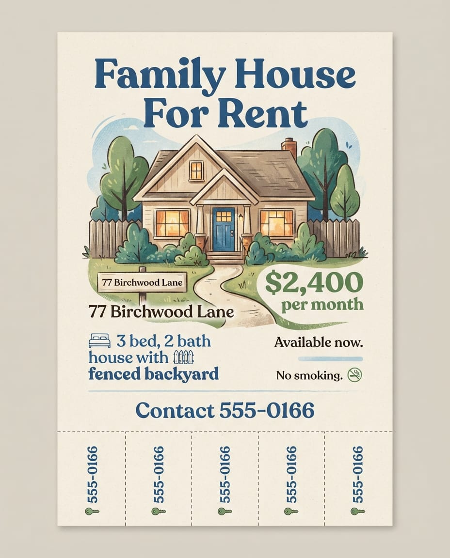 Family house for rent flyer example created with flyerease