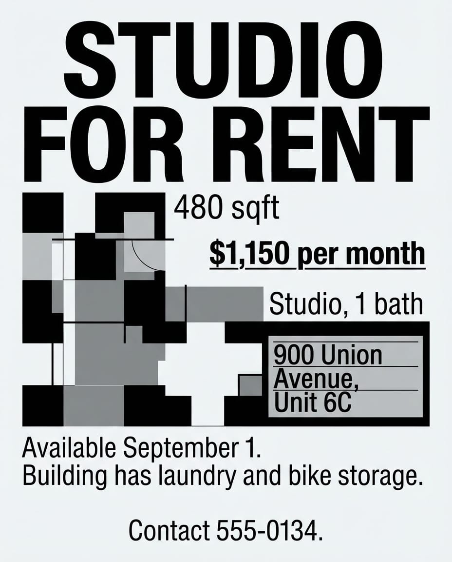 Studio apartment for rent flyer example created with flyerease