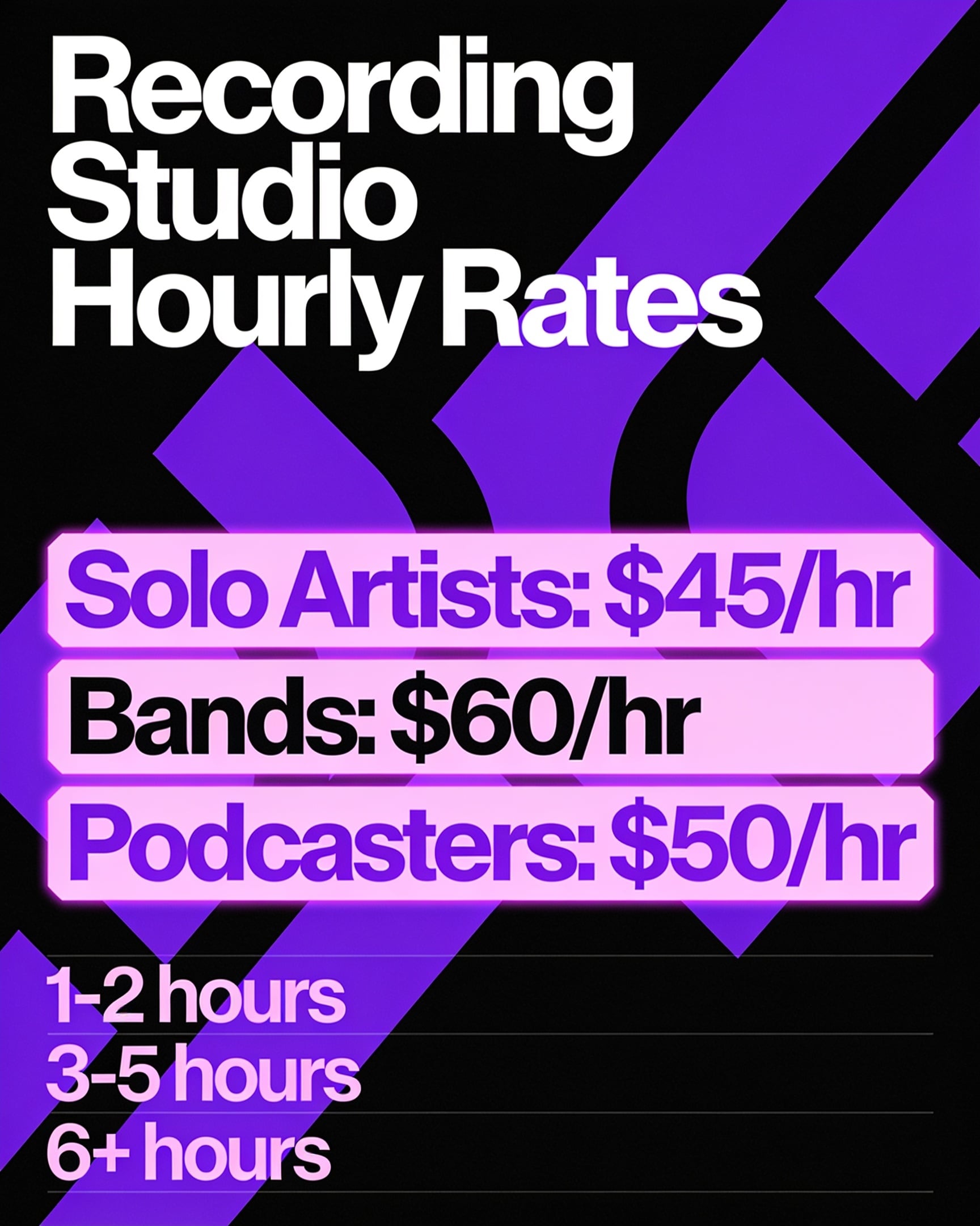 Black and neon purple recording studio hourly rates flyer