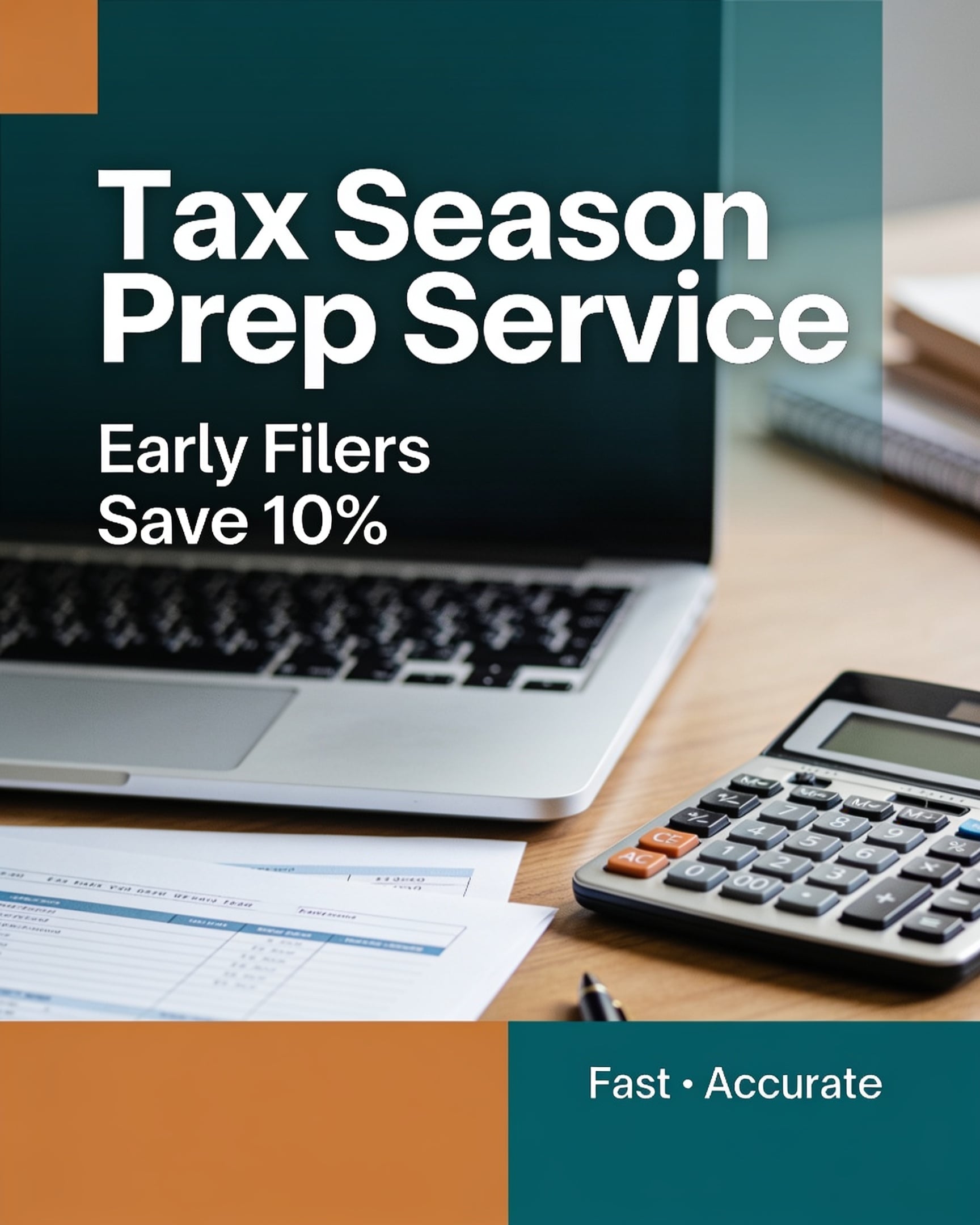 Tax season preparation service flyer with a real desk and laptop photo background